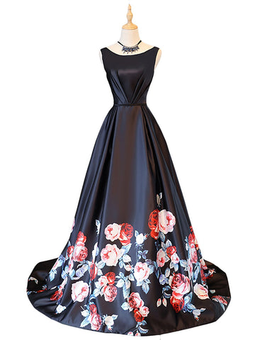 Black Satin Boat Neck Print Prom Dress