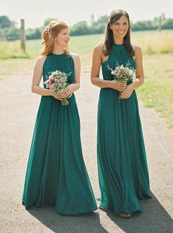 Green Round Neck Pleated Chiffon Bridesmaid Dress