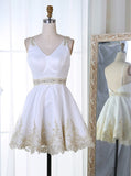 V-Neck Short White Satin Homecoming Dress with Appliques