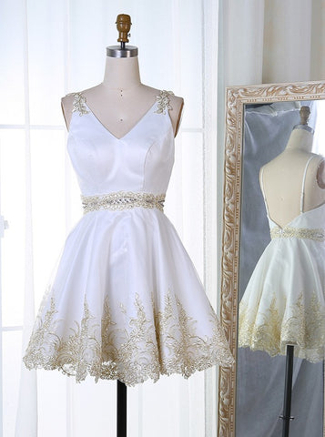 V-Neck Short White Satin Homecoming Dress with Appliques