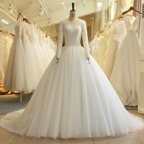 Lace Vintage Pearls Long Sleeve Wedding Dress