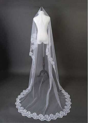 Beautiful White Tulle Cathedral Wedding Veil With Lace Applique Edge