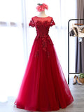 A-Line Cap Sleeves Appliques Pearls Scoop Floor-Length Evening Dress