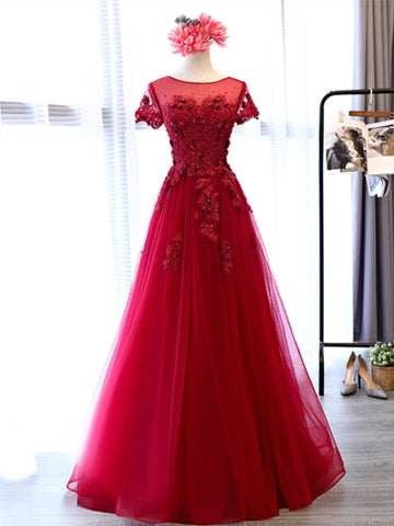 A-Line Cap Sleeves Appliques Pearls Scoop Floor-Length Evening Dress