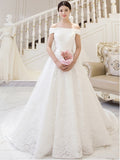 A-Line Off-The-Shoulder Appliques Chapel Train Wedding Dress