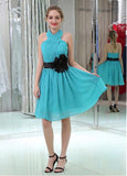 Chiffon Halter Neckline Knee-length A-line Cocktail Dresses With Handmade Flowers & Belt