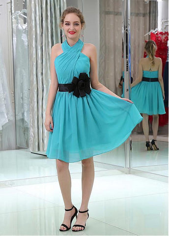 Chiffon Halter Neckline Knee-length A-line Cocktail Dresses With Handmade Flowers & Belt