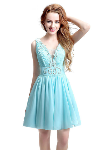 Chic Chiffon V-neck Neckline Sleeveless Short-length A-line Homecoming Dresses With Pleats & Beadings