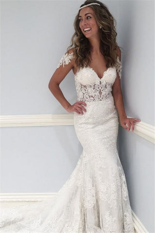 Ruffles See Through Lace V-Neck Sexy Cap Sleeve Wedding Dress