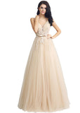 Junoesque Tulle V-neck Neckline A-line Evening Dresses With Bowknot