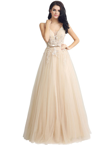 Junoesque Tulle V-neck Neckline A-line Evening Dresses With Bowknot