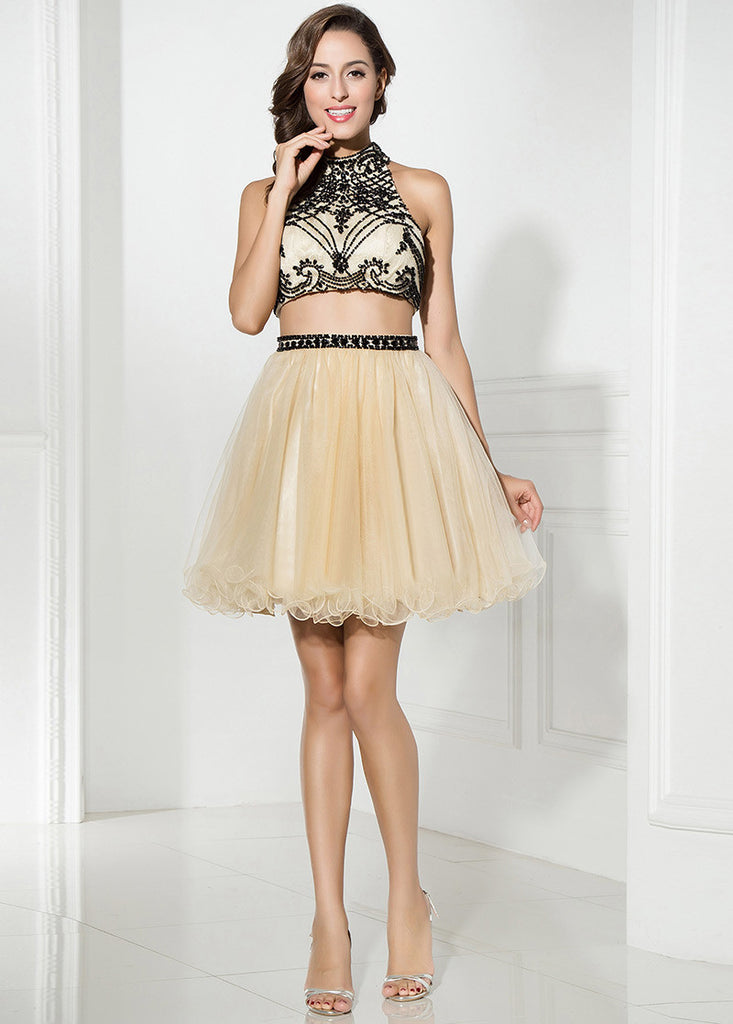Champagne Fabulous Tulle Halter Neckline A-Line Two-piece Short Homecoming Dresses With Beadings – Sassymyprom Champagne Fabulous Tulle Halter Neckline A-Line Two-piece Short Homecoming Dresses With Beadings – Sassymyprom
