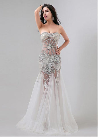 Chic Tulle Sweetheart Neckline See-through Mermaid Evening Dresses With Beadings