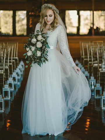 Long Sleeve V Neck Tulle Beach Wedding Dress