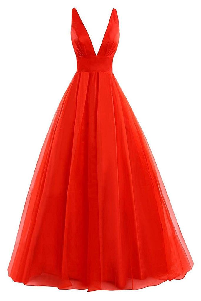 Red V Neck Backless Prom Dresses Long 2017 Evening Party Ball Gown US8 / As The Pictures