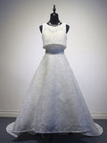 A-Line Embroidery Scoop Lace Sweep Train Prom Dress