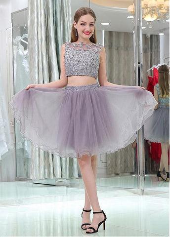 Tulle Bateau Neckline Knee-length A-line Two-piece Homecoming Dresses With Beaded Lace Appliques