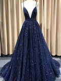 Navy Blue/Burgundy/Champagne Shiny A Line V Neck Prom Dresses