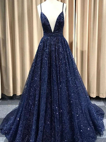 Navy Blue/Burgundy/Champagne Shiny A Line V Neck Prom Dresses