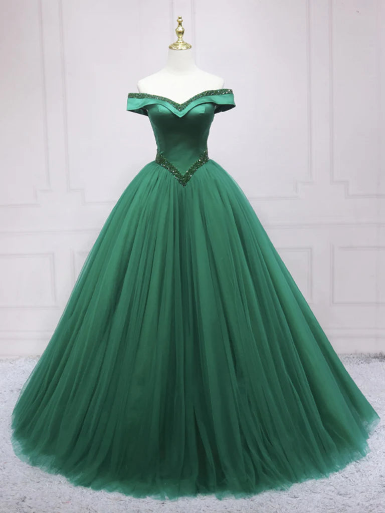 Green Tulle Beads Long Prom Dress, Beautiful Off the Shoulder Party Dress US 10 / Custom Color Green Tulle Beads Long Prom Dress, Beautiful Off the Shoulder Party Dress US 10 / Custom Color