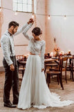 Round Neck Two Piece Tulle Long Sleeves Lace Wedding Dress