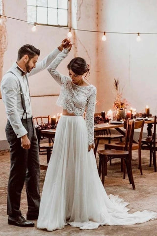 Round Neck Two Piece Tulle Long Sleeves Lace Wedding Dress