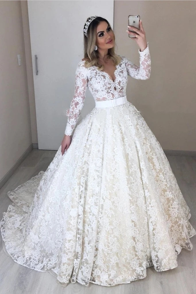 Lace V Neck Sheer Back A Line Long Sleeve Wedding Dress 2021
