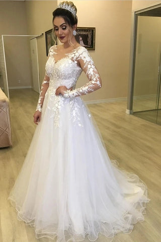 Tulle A Line Jewel Sheer Neck Floral Long Sleeves Wedding Dress