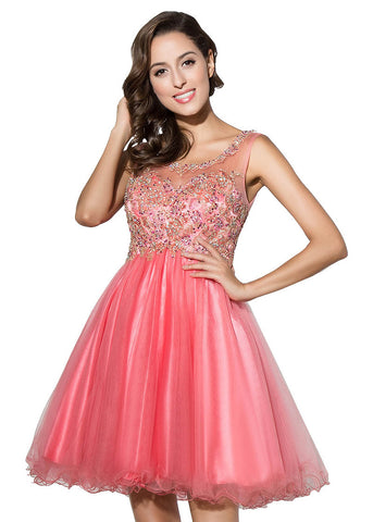 Pretty Tulle Scoop Neckline A-Line Short Homecoming Dresses With Beadings