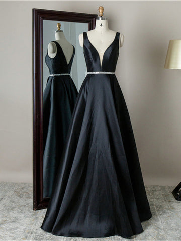 Black V Neck Beading Satin Prom Dress