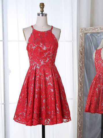 Round Neck Short Red Lace Homecoming Dress