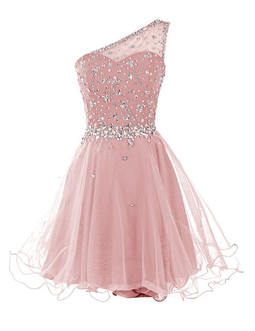Short One Shoulder Prom Dresses Tulle Homecoming Dress with Beads
