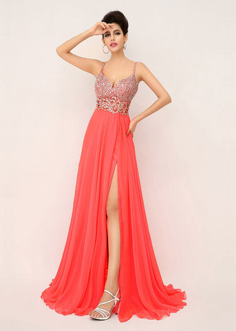 Charming Chiffon Spaghetti Straps Neckline A-line Formal Dresses With Beadings