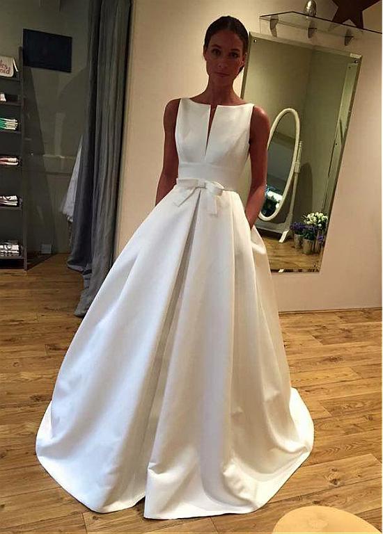 Satin Bateau Bowknot A-line Wedding Dress With Pockets US2 / Pink Satin Bateau Bowknot A-line Wedding Dress With Pockets US2 / Pink