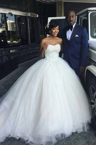 Pearls Tulle Ball Gown Strapless Corset Wedding Dress