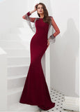 Satin Bateau Burgundy Long Sleeve Mermaid Evening Dress