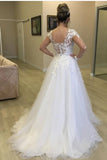 Tulle A Line Jewel Sheer Neck Floral Long Sleeves Wedding Dress