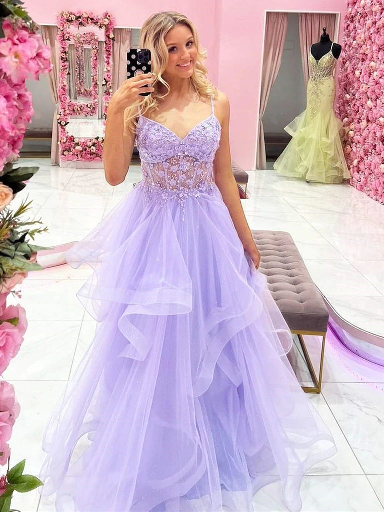 Spaghetti Straps Beading Purple Lavender Floral Long Prom Dress –  Sassymyprom