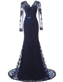 Navy Blue Lace and Tulle V-Neck Mermaid Evening Dress