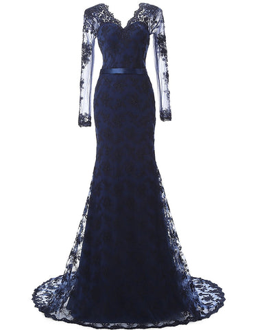 Navy Blue Lace and Tulle V-Neck Mermaid Evening Dress