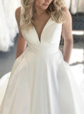 White Satin Deep V-neck Backless Wedding Dress With Pocket