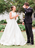 White Satin Scoop Sleeveless Backless Wedding Dress With Bow