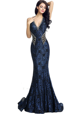 Glamorous Lace Halter Neckline Mermaid Evening Dresses With Beadings