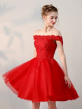 Off-the-Shoulder Appliques Pearls Sashes Red Homecoming Dress