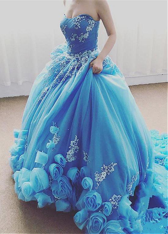 Blue Handmade Flower Ball Gown Prom Dress Sassymyprom Blue Handmade Flower Ball Gown Prom Dress Sassymyprom