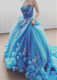 Blue Handmade Flower Ball Gown Prom Dress