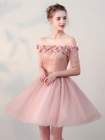 Pink Lace Half Sleeves Short Homecoming Dress