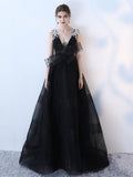 A-Line Bowknot Flowers V-Neck Court Train Evening Dress