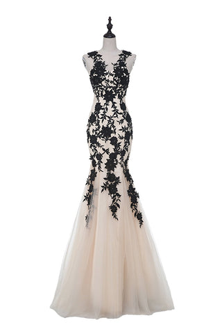 Champagne Sleeveless Mermaid Appliques Evening dresss