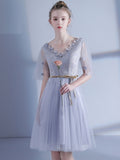 Silver Lace Sashes Short Sleeves Homecoming Dress